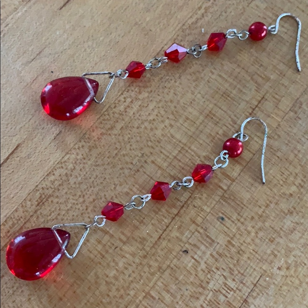 Long Red Jewel Dangle Earrings - Picture 2 of 2